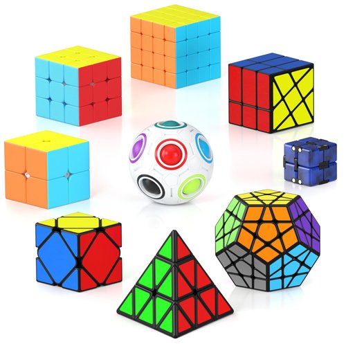 Vdealen Speed Cube Set, 9 Pack Puzzle Cube Bundle Fidget Ball 2x2 3x3 Sticker Stickerless 4x4 Pyramid Dodecahedron Skewb Infinity Magic Cube, Smooth Cube Game Toys Gift for Kids & Adults