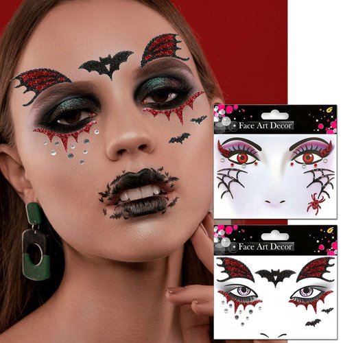 HIFANMM 2Pcs Halloween Face Fake Tattoos Glitter Rhinestones Face Temporary Tattoos Bat Spider Web Shiny Gems Decor Tattoo Stickers for Adults Kids Eye Makeup Kit for Face Decor Supplies