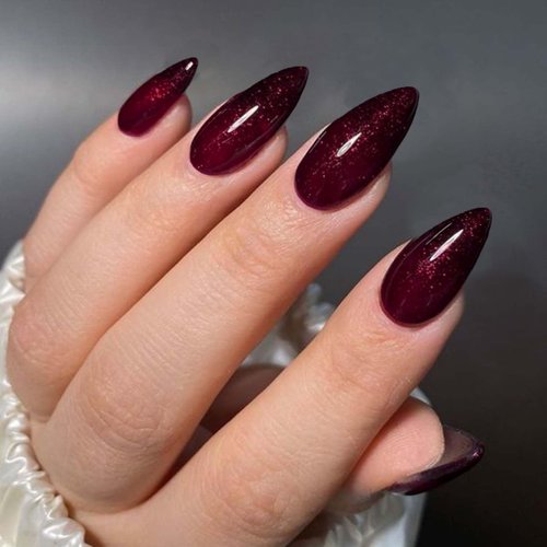 GLAMERMAID Fall Press on Nails Medium Almond, Christmas Handmade Shimmer Burgundy Jelly Gel Glue on Nails, Stiletto Acrylic False Nails Kit Reusable UV Finish Full Cover Stick on Nails for Women Gift
