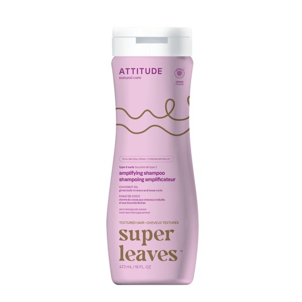 ATTITUDE Amplifying Shampoo for Curly Hair with Coconut Oil, EWG Verified, Vegan and Naturally Derived Ingredients, 2a, 2b, 2c Curl Type, Gives body to Curls, 16 Fl Oz