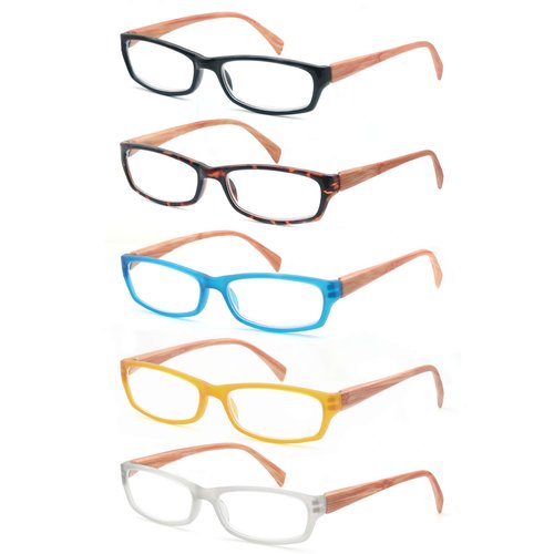 MODFANS 5 Pack Reading Glasses Women Men,Wood-Look Square Readers Spring Hinges 5 Pouch