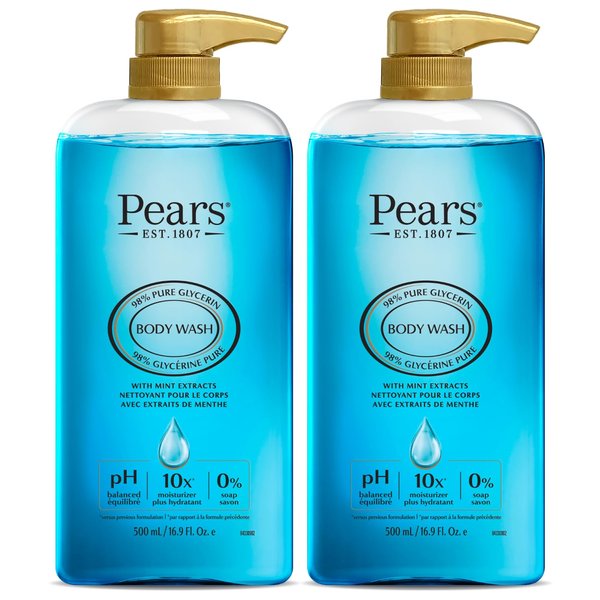 PEARS Body Wash, Mint Extracts – Pure & Gentle 100% Soap-Free Glycerin Cleanser for Glowing Skin, 16.9 Fl Oz (Pack of 2)