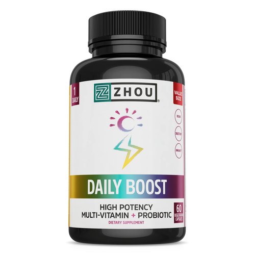 Zhou Nutrition Daily Boost Multivitamin with Probiotic, Zinc, Vitamin C, D3, B Complex for Immune Support, Energy and Digestive Health | Vegan, Gluten Free, Soy Free | 60 Servings