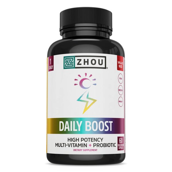 Zhou Nutrition Daily Boost Multivitamin with Probiotic, Zinc, Vitamin C, D3, B Complex for Immune Support, Energy and Digestive Health | Vegan, Gluten Free, Soy Free | 60 Servings