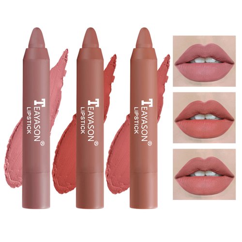 CAHIUYOA 3 Colors Matte Nude Lipstick Set,Velvet Rotating Crayon Lip Stick Lip Tint Stain Lip Gloss Set,Long Lasting Waterproof Nourishing Lip Makeup Matte Lipstick for Women Girls - Set B