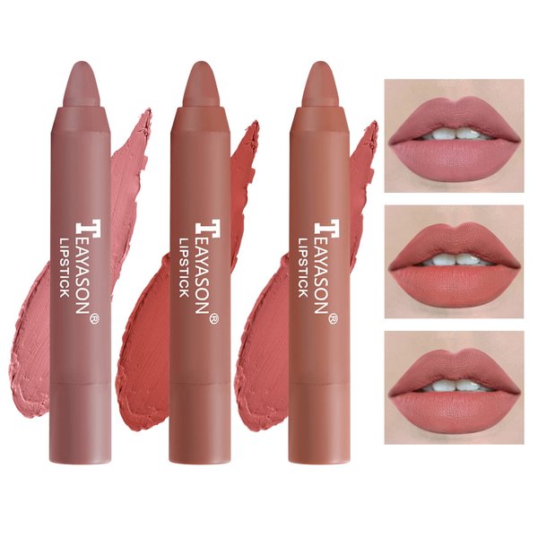 CAHIUYOA 3 Colors Matte Nude Lipstick Set,Velvet Rotating Crayon Lip Stick Lip Tint Stain Lip Gloss Set,Long Lasting Waterproof Nourishing Lip Makeup Matte Lipstick for Women Girls - Set B