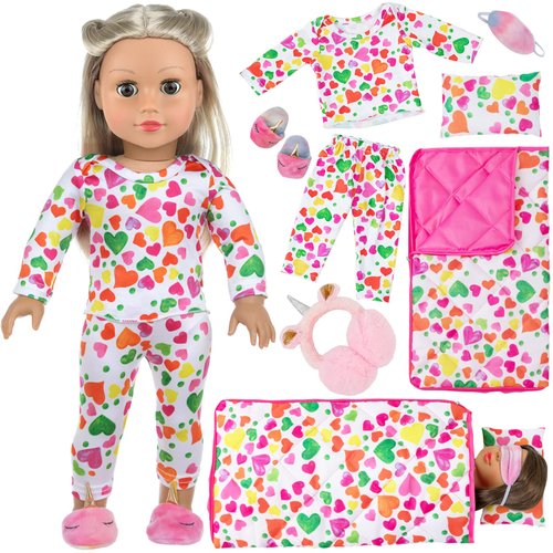 UNICORN ELEMENT 18 inch Girl Doll Clothes and Accessories Set-Colorful Love Sleeping Bag Pajamas Eye Masks Earmuffs Pillow Fits 18 inch Doll