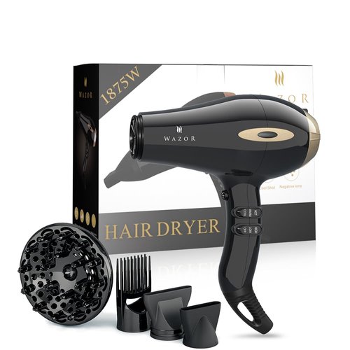 Professional Ionic Hair Dryer, 1875W Salon Blow Dryer with Powerful AC Motor, 2 Speed and 3 Heat Settings for Fast Drying, Compact Hair Dryer with Diffuser & Comb & 2 Nozzles for Home Salon, Black
