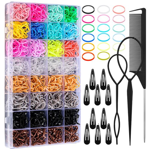 auroray Hair Ties, 17 Colors Elastic Hair Rubber Bands, 2000 Pcs Baby Hair Ties with Hair Styling Tools Organizer Box for Girls, Women, Toddler