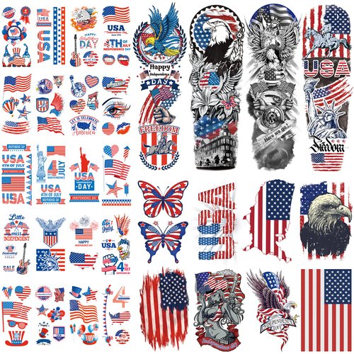 CUTELIILI Independence Day Temporary Tattoo,4th of July Sleeve Tattoo, American Flag Fake Tattoos,Red White and Blue Party Supplies,USA Flag, Memorial Day, Labor Day