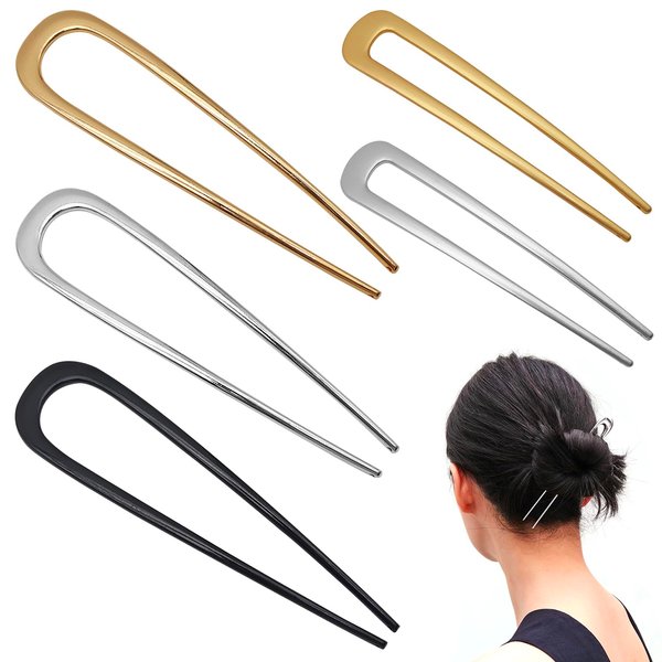 5 Pcs 5.5’’ & 3.9’’ French Hair Pins Simple U Shaped Metal Hair Pins U French Metal Hair Forks Hair Sticks 2 Prong Updo Chignon Pins for Women Lady Buns Hair Accessories, 2 Sizes (Black, Gold, Silver)