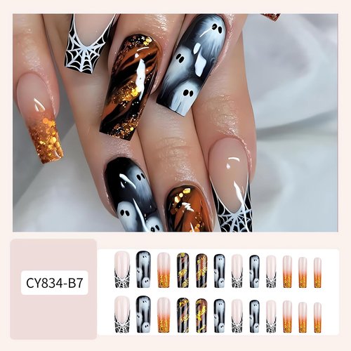 SINSEN Halloween Press on Nails Long Square Shape Halloween Fake Nails White Spider Web French False Nail Tips Halloween Ghost Nails Press ons Cute Holiday Manicure Decorations for Women 24Pcs