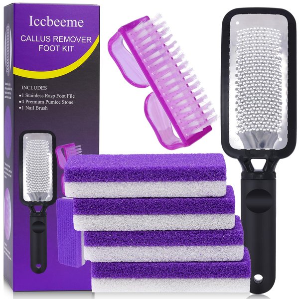 Foot Callus Remover Set,Pedicure Kit Includes 1 Stainless Foot Rasp Foot File,4 Foot Pumice Stone & 1 Nail Brush,Foot Scrubber Remove Hard Dry Skin,Foot Care Pedicure Tools for Wet and Dry Feet,Purple
