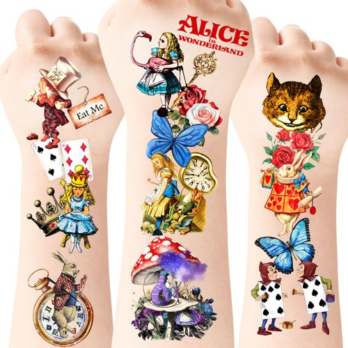 Alice in Wonderland Temporary Tattoos, 96pcs Alice in Wonderland Tattoos, Htabiol Alice in Wonderland Decor, Alice in Wonderland Party Favors, Suit for Onederland 1st Birthday, Mad Hatter Tea Party