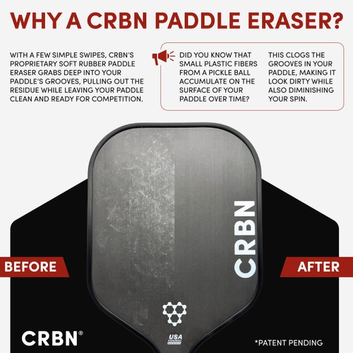 CRBN Pickleball Paddle Eraser, Best Carbon Fiber Pickle Ball Racket Cleaner, Fast & Easy Rubber Bar to Remove Ball Residue, Dirt, & Minor Scrapes/Scratches - Patent Pending