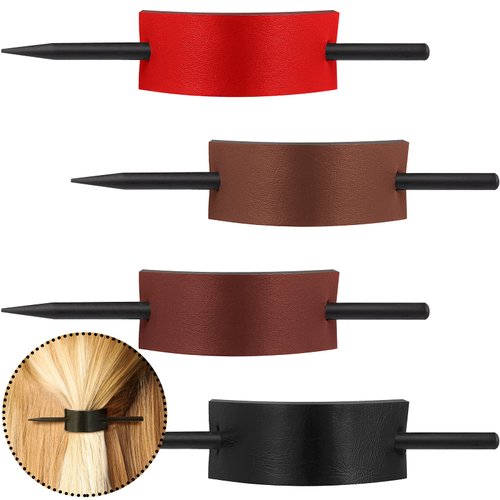 4 pieces Leather Hair Barrette with Stick Leather Hair Accessories Hair Barrettes Stick Hair Clip Hair Stick Ponytail Hair Pin for Women Long Hair,4 Colors (Black, Brown, Wine Red, Red)
