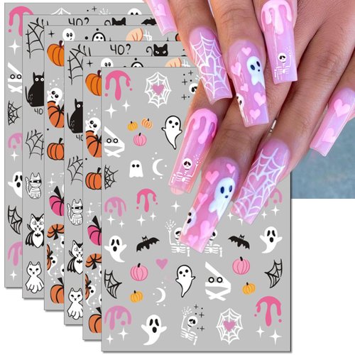 IDDFEVE Halloween Nail Art Stickers, Pink Pumpkin Nail Decals, 3D Self-Adhesive Spider-Web Bat Design for DIY Nail Supplies Decoration (6 Sheets)