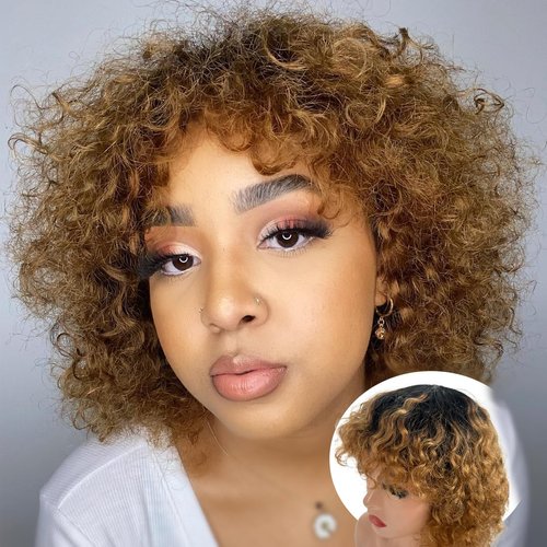 Youngirl Ombre Short Curly Wig Human Hair Wigs for Black Women Human Hair Glueless #1B/30 Ombre Blonde Curly wig with bangs Brazilian Virgin Human Hair Wig Machine Made 150% Density