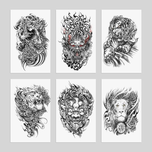 Oottati 6 Sheets Arm Waterproof Temporary Tattoos Black Prajna Tiger Dragon Lion Lotus Clock