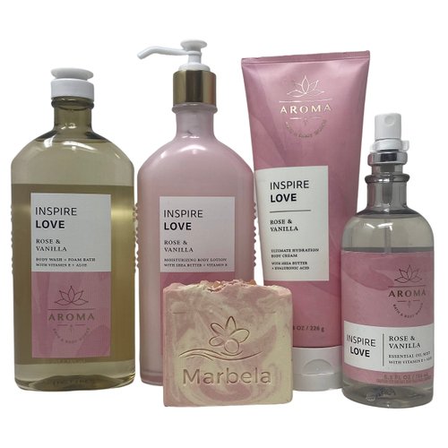 Bath & Body Works Aroma Inspire Love Rose & Vanilla Deluxe Gift Set - Body Cream - Body Lotion - Body Wash- Essential Oil Mist with a Himalayan Salts Springs Bar Soap - Full Size