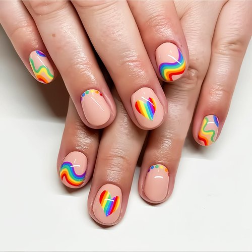 Rainbow Pride Month Press On Nails Colorful Stripes Fake Nails Summer False Nails Glossy Acrylic ...