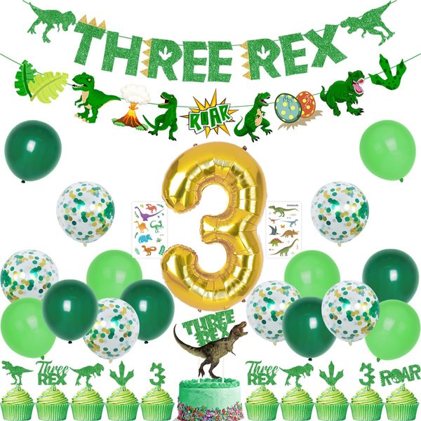 Dinosaur 3rd Birthday Decorations, 3 Rex Birthday Party Supplies - Three Rex Banner, Cake&Cupcake Toppers, Dinosaur Balloons,Temporary Tattoos for Roar I’m 3 Boys Girls Birthday