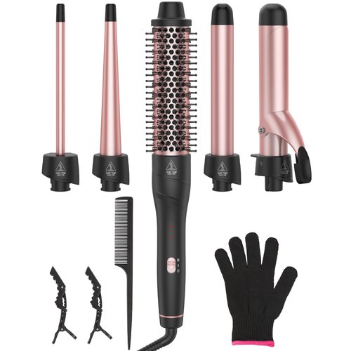 ANIEKIN 5 in 1 Curling Iron Set Includes a Curling Brush and 4 Interchangeable Ceramic Wands (0.39”-1.25”), Instant Heat, Dual Voltage Hair Curler, Great Gift for Girls and Mother