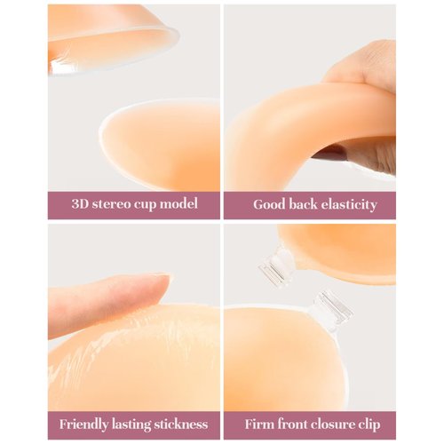 PHODIL Sticky Strapless Bra, Invisible Push Up Adhesive Bra,Backless Silicone Bras Washable for Women with Nipple Covers（Creme/C）