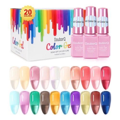 DouborQ 20 Bottles Jelly Gel Nail Polish Glass Translucent Crystal Blue Pink Red Pink Clear Green Yellow Purple Colors UV Soak Off LED Gel 7ml Soak Off Manicure Kit