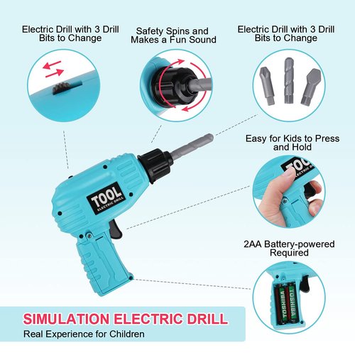 LOYO Kids Toys Tool Set - Pretend Play Construction Toy with Tool Box Kids Tool Belt Electronic Toy Drill Construction Accessories Gift for Toddlers Boys Ages 3 , 4, 5, 6, 7 Years Old (Blue)