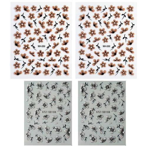 Glitter Flower Nail Art Stickers 5D Black Silver Flower Nail Stickers 3D Black Gold Flower Stickers for Nails Floral Nail Decals for Nail Art Supplies Jelly Blossom Sticker Nails Petals Nail Decor