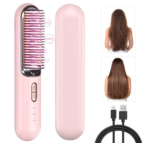 Hair Straightener Brush Cordless Portable Hair Straightening Brush Mini Rechargeable Hot Comb for Women Girls Hair Dryer Straightener for Travel (Pink)