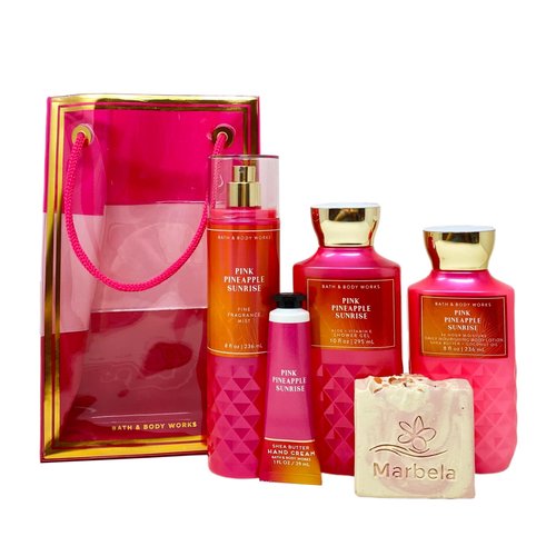 Bath & Body Works Pink Pineapple Sunrise Gift Bag Set - Fragrance Mist - Shower Gel - Body Lotion - Hand Cream - with a Himalayan Salts Springs Bar Soap - Full Size