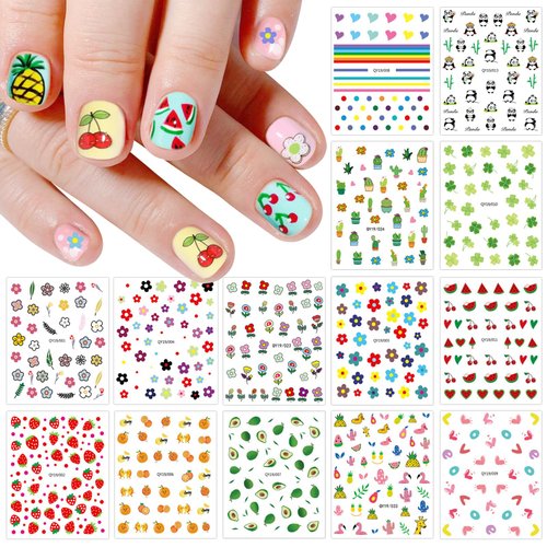 JMEOWIO 16 Sheets Cute Nail Stickers for Kids Nail Art Stickers Decals Self-Adhesive Pegatinas Uñas Fruit Flower Strawberry Nail Supplies Nail Art Design Decoration Accessories