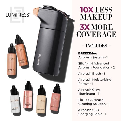 Luminess BREEZE DUO Airbrush Makeup System, Warm Coverage – 9-Piece Kit includes 2x Silk Airbrush Foundation, Soft Rose Blush, Glow Highlighter, Moisturizer Primer, and Airbrush Cleaning Solution