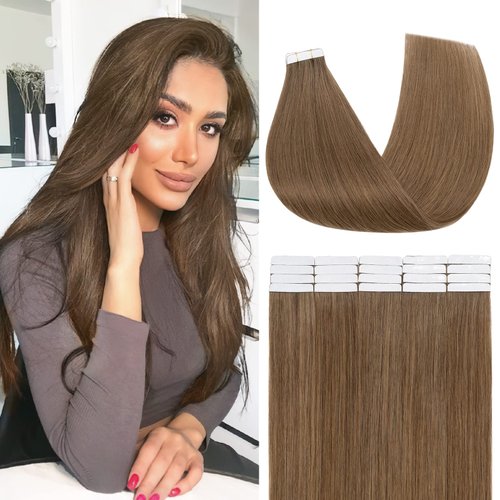Benehair Tape in Hair Extensions Human Hair Seamless Straight 16Inch 20Pcs 100% Real Human Hair #6 Light Brown Hair Extensions Tape Ins with Soft Invisible Remy Hair Extensions for Women 50g