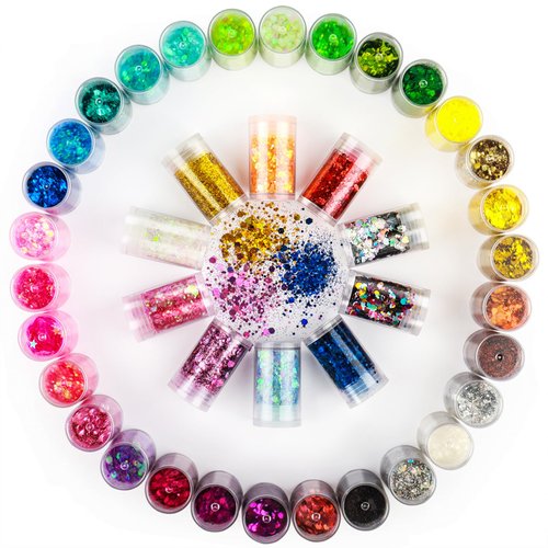 Chunky Glitter, Body Glitter, Festival Face Glitter Hair Glitter, 40 Jars 0.21oz Each Glitter Set, 40 Assorted Color Body Makeup Glitter, for Resin, Arts and Craft Supplies Glitter