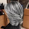 LEOSA Gray Ombre Wig Light Grey and Black Curly Bob Layered Wig with Curtain Bangs for Women Synthetic Short Silver Gray Wavy Bob Wig Highlight Grey Curly Bob Wig for Black Women Silver Grey Wig