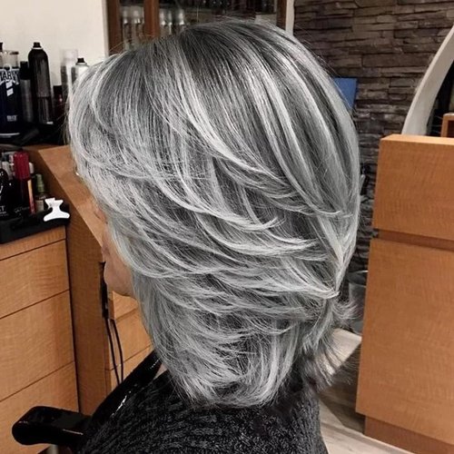 LEOSA Gray Ombre Wig Light Grey and Black Curly Bob Layered Wig with Curtain Bangs for Women Synthetic Short Silver Gray Wavy Bob Wig Highlight Grey Curly Bob Wig for Black Women Silver Grey Wig