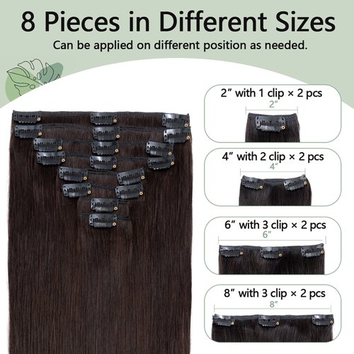 Clip in Hair Extensions Human Hair Full Head 8 Pieces 18 Clips 100% Real Silky Human Hair 20"-105g Dark Brown (#2)
