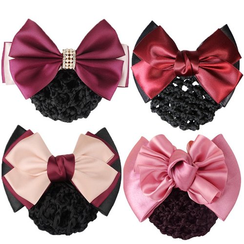 kilofly 4pc Women&#39;s Two-Way Snood Net Bow Barrette Hair Clip Bun Cover Set