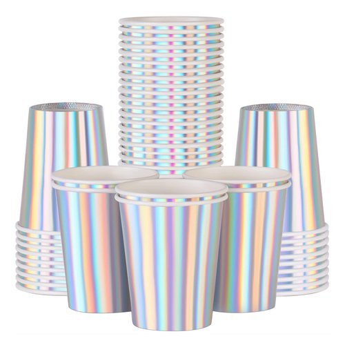 Iridescent Paper Cups 9 oz [50 pack] Disposable Coffee Cup Hot Cold Drinks Tea Water Milk Juice Beverages Holographic Rainbow Party Decorations for Picnic Home Birthday Wedding Anniversary Christmas
