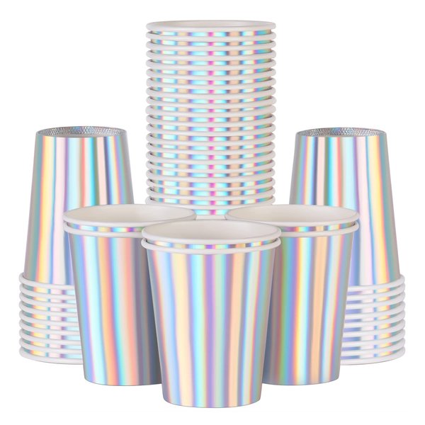 Iridescent Paper Cups 9 oz [50 pack] Disposable Coffee Cup Hot Cold Drinks Tea Water Milk Juice Beverages Holographic Rainbow Party Decorations for Picnic Home Birthday Wedding Anniversary Christmas