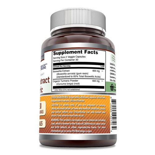 Amazing Formulas Boswellia Extract & Turmeric Supplement | 1200 Mg Per Serving | 60 Veggie Capsules | Non-GMO | Gluten Free | Made in USA |