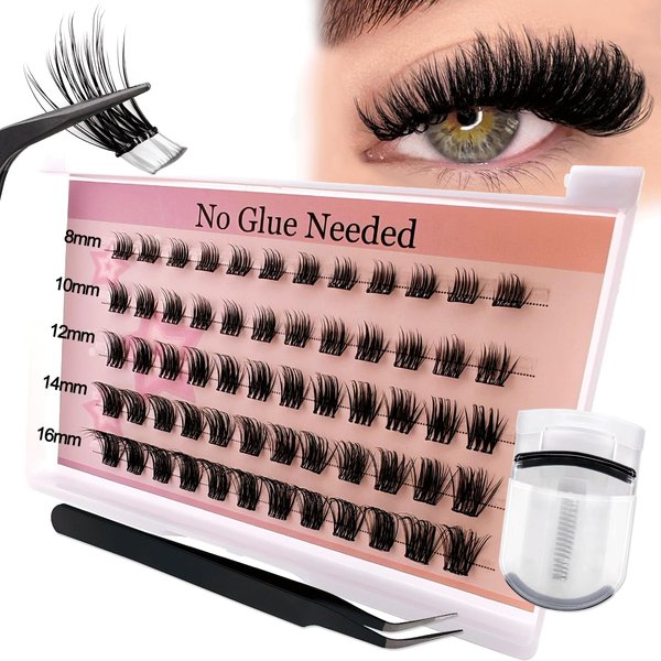 Self Adhesive Lash Clusters Kit Flu-ffy 8-16mm No Glue Lashes Press On Lashes, 60 Pcs Glueless DIY Eyelash Extensions Kit Pre Bonded Lash Clusters with Eyelash Curler and Lash Tweezers(No Glue FD24)