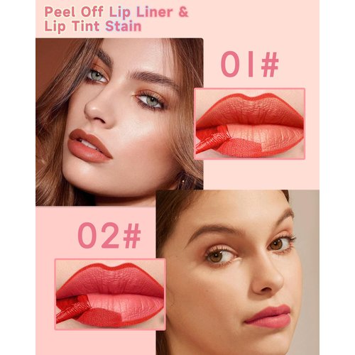 Peel Off Lip Liner Stain Set, 2Pcs Waterproof Lip Tattoo Peel Off Lip Tint Stain, Long Lasting Transfer-Proof Non Stick, Matte Finish High Pigmented Color Peel & Reveal Lipliners Makeup for Women-1+2