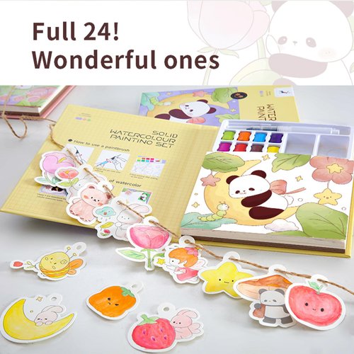 24 in 1 Panda Theme Watercolor Painting Paper Set for Kids Creative Pocket Watercolor Painting Book DIY Paint with Water Coloring Papers Panda Theme Party Supplies for Kids Includes Pigment&Brush