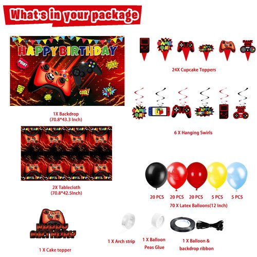 Mpanwen Video Game Birthday Party Decorations - 109Pcs Red and Black Gamer Gaming Party Supplies For Boys Birthday Party - Gaming Backdrop, Table Cover, Hanging Swirls, Topper, Balloons