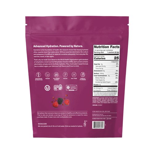 Cure Hydrating Plant Based Electrolyte Mix | Powder for Dehydration Relief | Made with Coconut Water | Non-GMO | No Added Sugar | FSA & HSA | Vegan | Pouch of 14 Packets - Berry Pomegranate
