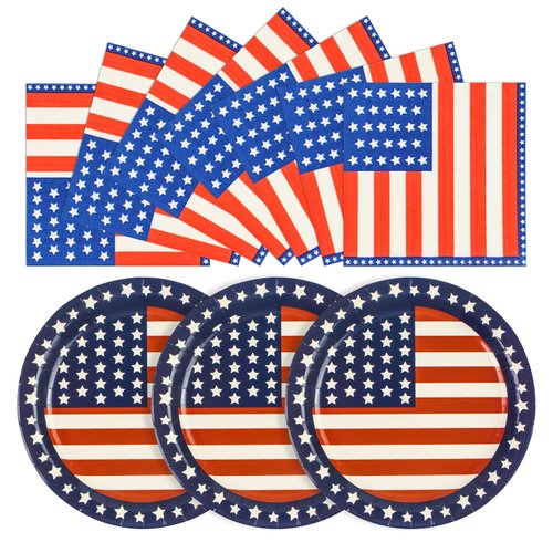 40PCS American Flag Paper Plates and Napkins Party Supplies, Disposable Patriotic Party Plates and Napkins Tableware Set for Memorial Day 4th of July Independence Day Decorations Serves 20 Guests
